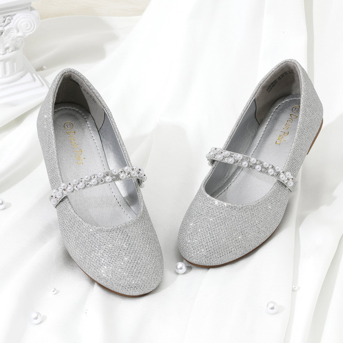 Girls Mary Jane Dress Shoes Ballerina Flats with Rhinestone & Pearl Sparkle Suitable for Wedding, Party, Communion - Sole & TPR Cushioned Footbed, Low-Top Round Toe Dress Shoes for Toddler/Little Kid/Big Kid (Year-Round Comfort)
