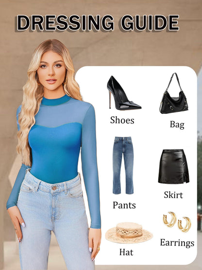 Sexy Mock Turtle Neck Sheer Mesh Long Sleeve Bodysuit Shirts Ruched Body Suit Leotard Tops
