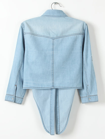 [Denim Crop Top] Chambray Denim Women's Crop Top | Roll Up 3/4 Sleeve Tie Front Knot Shirt