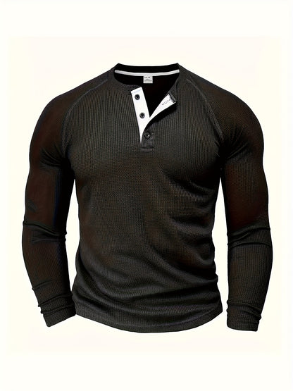 5pcs Men'S Loose Solid Color Henry Shirt, Round Neck Half Button Long Sleeve Shirt, Suitable for Spring And Autumn Outdoor Activities ZLT8051