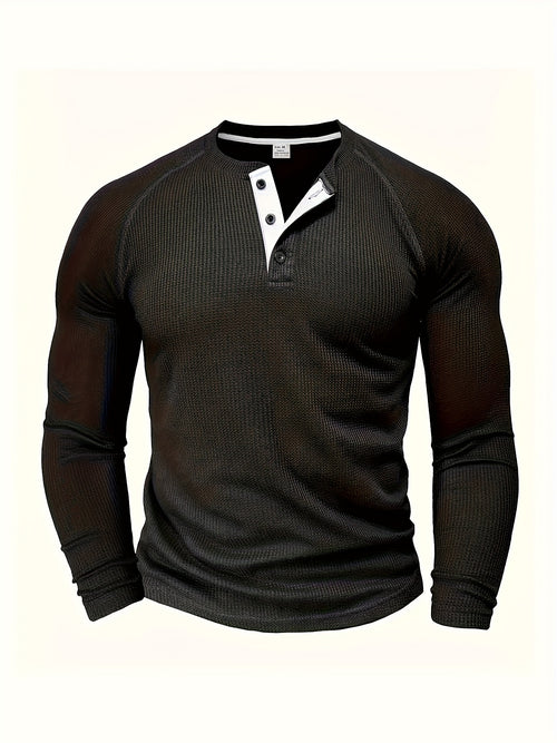5pcs Men'S Loose Solid Color Henry Shirt, Round Neck Half Button Long Sleeve Shirt, Suitable for Spring And Autumn Outdoor Activities ZLT8051