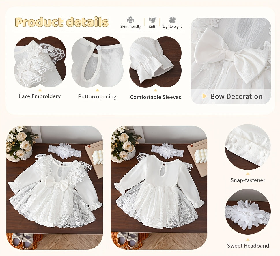 2pcs Baby Girl'S Lace Dress Set, Crew Neck, Long Sleeve, Solid Color, Non-Stretch Fabric, with Contrast Lace Detail, with Matching Floral Headband, for Spring/Fall, Elegant Princess Style Ha Yi Skirt Outfit for Children