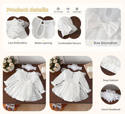 2pcs Baby Girl'S Lace Dress Set, Crew Neck, Long Sleeve, Solid Color, Non-Stretch Fabric, with Contrast Lace Detail, with Matching Floral Headband, for Spring/Fall, Elegant Princess Style Ha Yi Skirt Outfit for Children