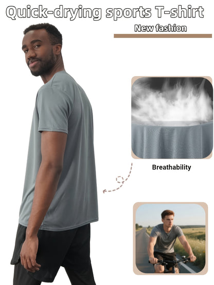 5pcs Men'S Summer Loose Crew Neck Short Sleeve T-Shirt - Check Fabric Top-Moisture-absorbent, Breathable, Soft And Comfortable For Daily Sports, Fitness And Training