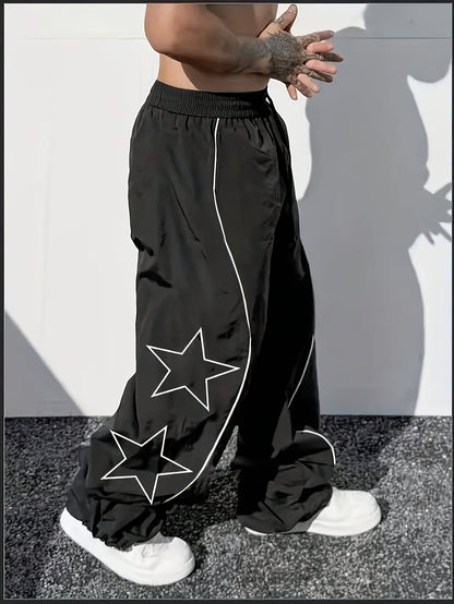 Men'S Outdoor Casual Running Pants with Star Print - Solid Color & Training Trekking Pants, Pocket Design for Spring/Fall, Beach, Urban Strolls - Regular Fit for Mature S (Daily Wear)