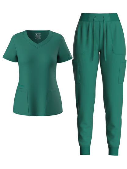 Women's Solid Two-piece Set - Elegant Short Sleeve V Neck Scrub Top & Drawstring Pants Outfits, Clothing