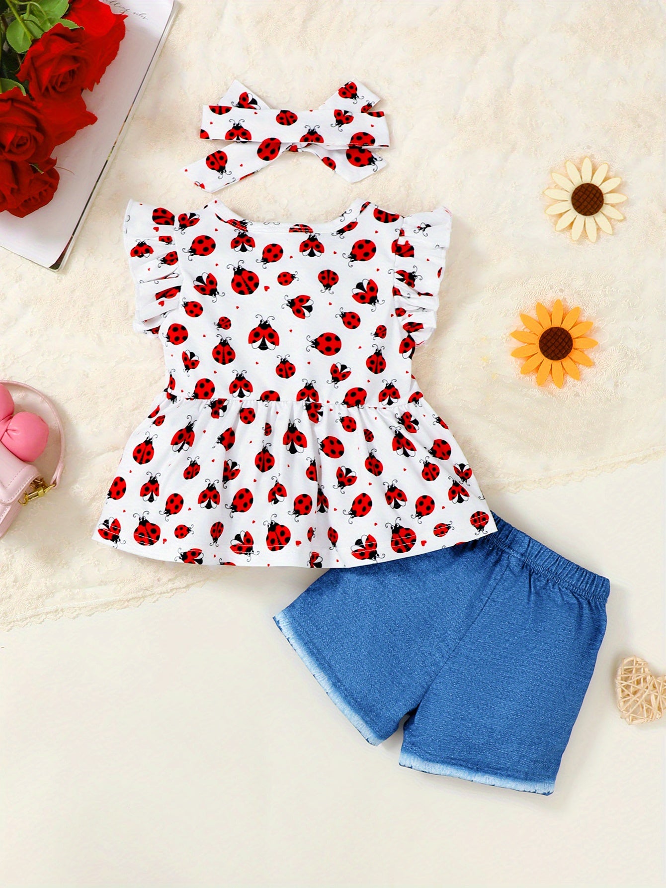Baby Girl's Ruffle Trim Sleeve Cute Graphic Ladybug T-shirt & Shorts Outdoor Set, Toddler Girl Casual Summer Outfit
