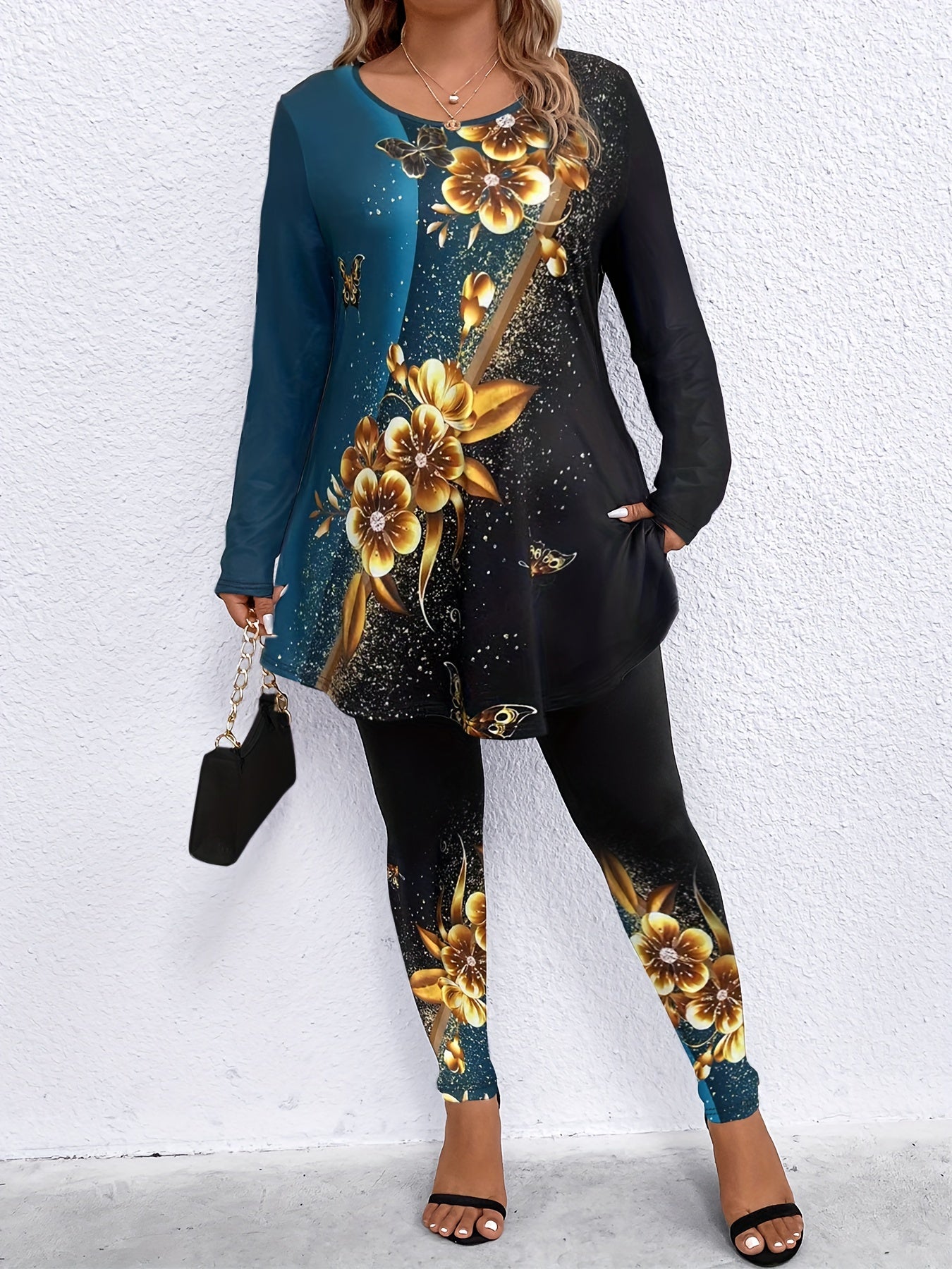 Plus Size, Plus Size 2pcs Outfits for Women Leopard Print Long Sleeve Tunic Top And High Waist Leggings Women Casual Loungewear Matching Set for Daily Wear