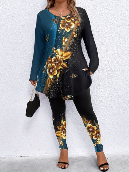 Plus Size, Plus Size 2pcs Outfits for Women Leopard Print Long Sleeve Tunic Top And High Waist Leggings Women Casual Loungewear Matching Set for Daily Wear