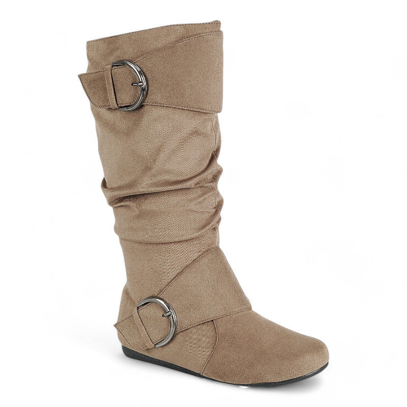 Women's Closed Round Toe Buckle Slouch Flat Heel Mid-Calf Boot