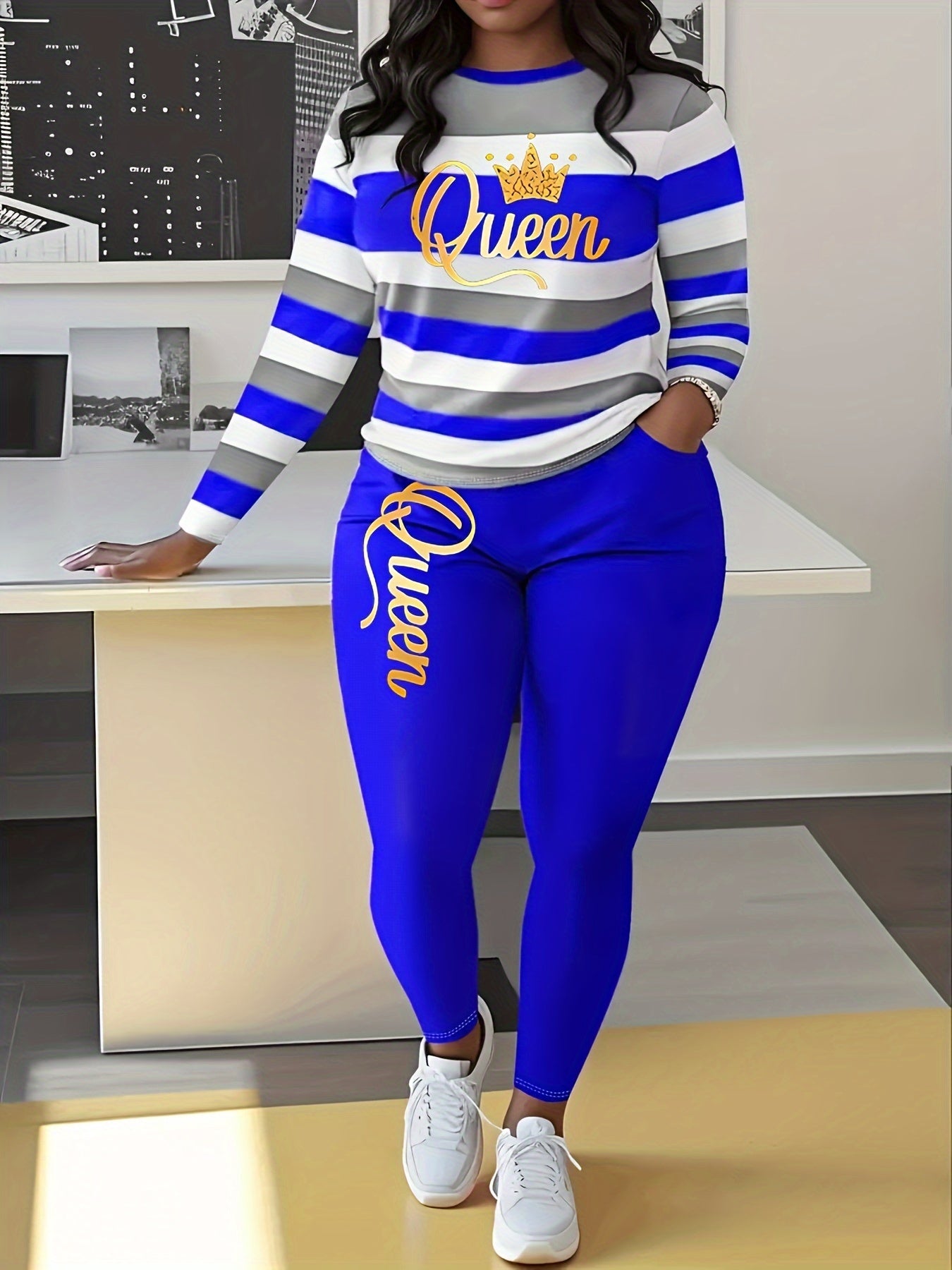 Plus Size - Plus Size - Women'S Striped Long-Sleeve Trouser Suit with Queen'S Lettering And Pocketed Pants