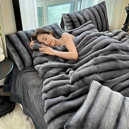 Faux Rabbit Fur Throw Blanket - Double-Layer Reversible Softness