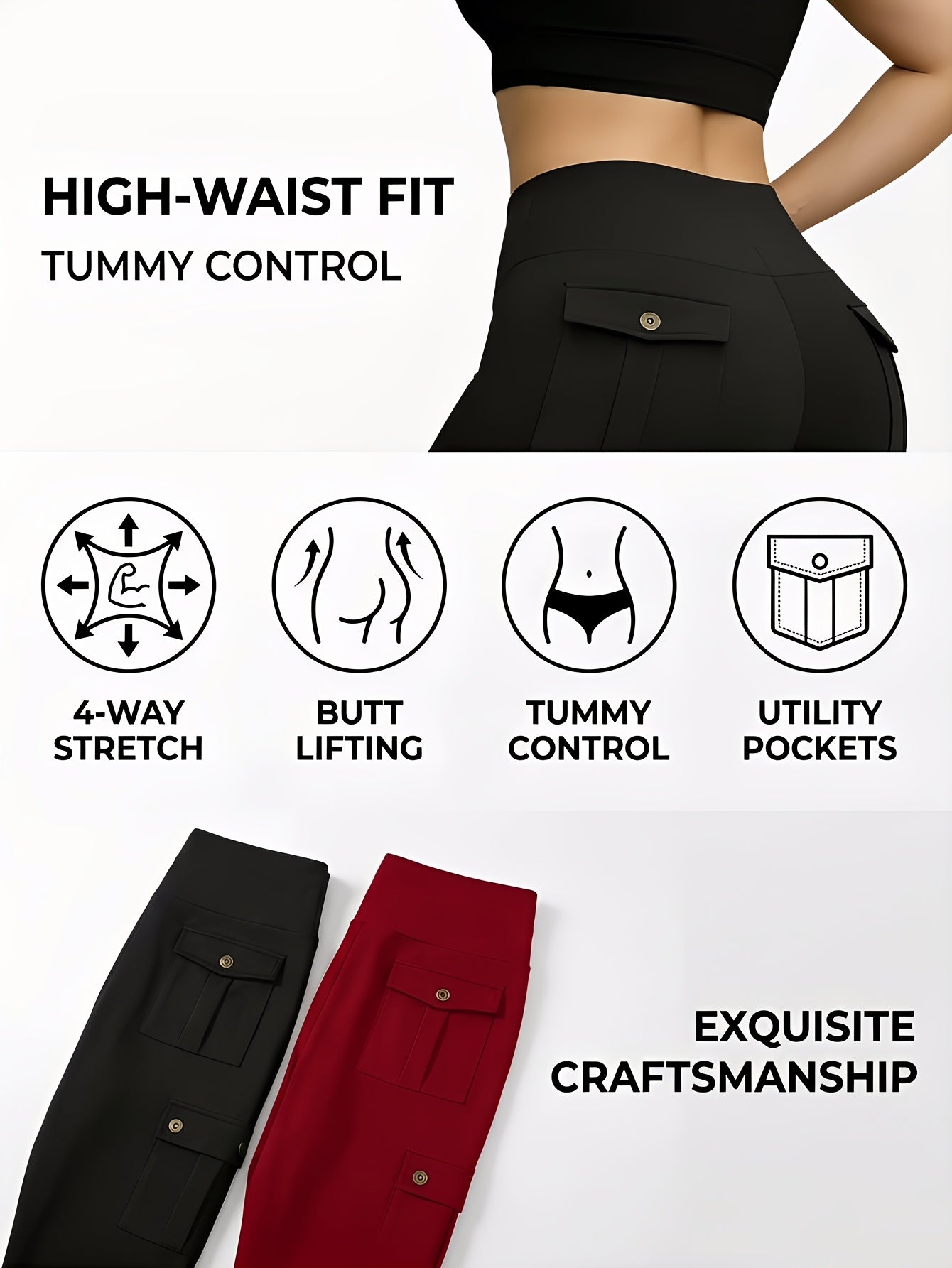 5pcs Set Of Women's High-waists Yoga Leggings with Belt Pockets, Elastic Running And Sports Leggings, Button Design, Solid Colors (black, Navy Blue, Gray, Pink, Red), Practical Flap Pockets, Comfortable Fabric.