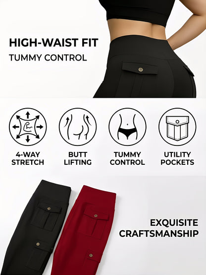 5pcs Set Of Women's High-waists Yoga Leggings with Belt Pockets, Elastic Running And Sports Leggings, Button Design, Solid Colors (black, Navy Blue, Gray, Pink, Red), Practical Flap Pockets, Comfortable Fabric.