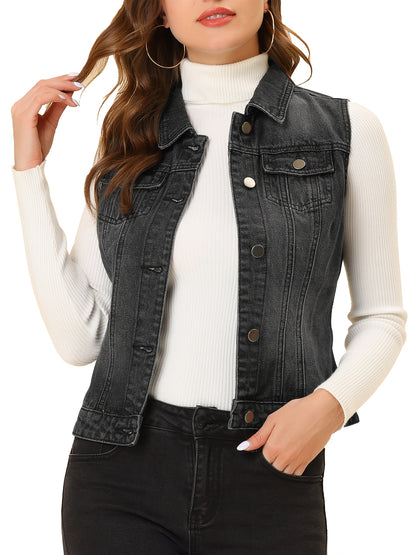 Women's Buttoned Washed Denim Vest Jacket W Chest Flap Pockets