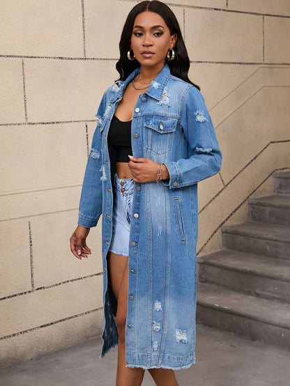 Long Ripped Denim Jacket with Real Pockets, Casual Windbreaker