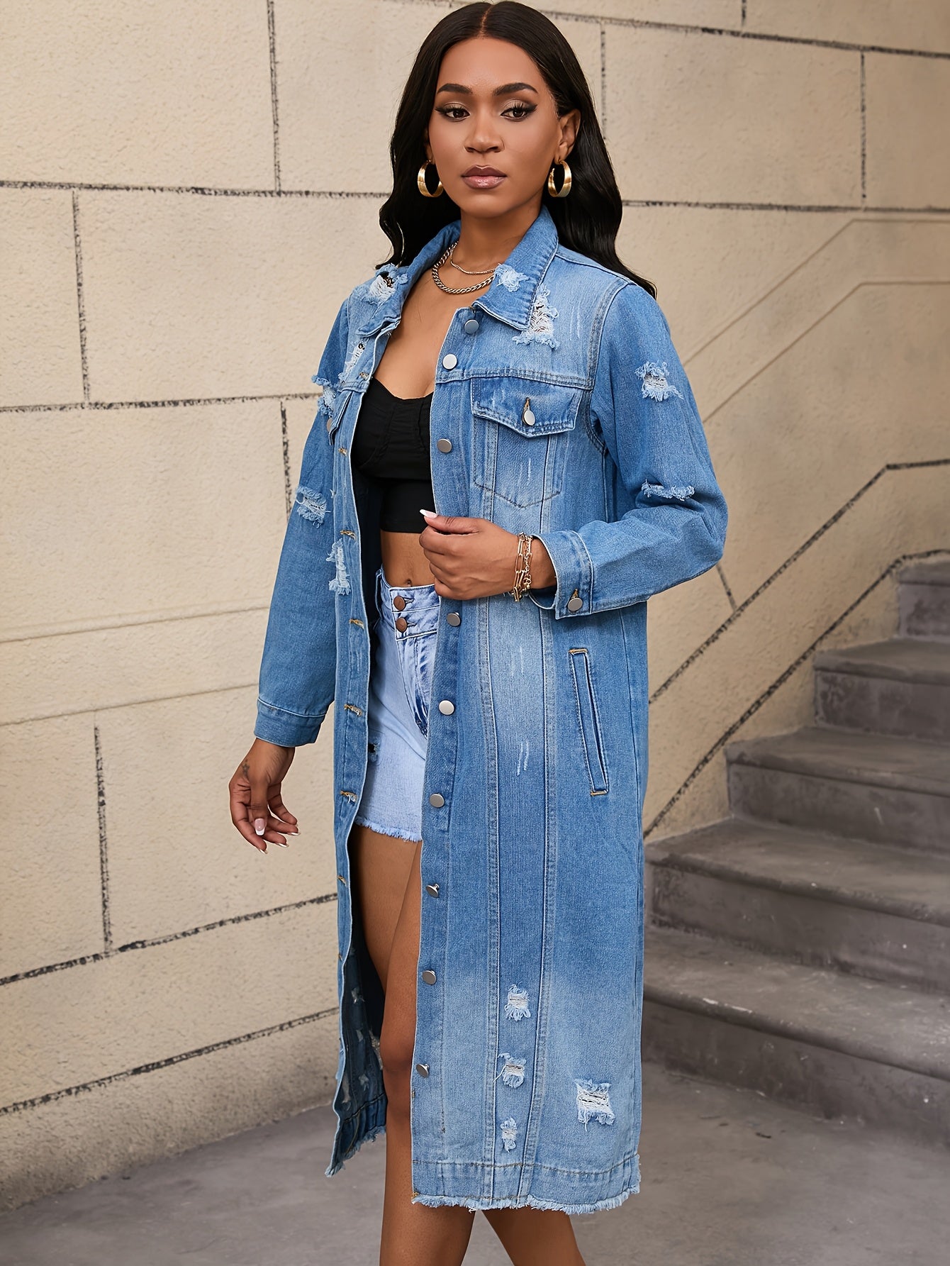 Long Ripped Denim Jacket with Real Pockets, Casual Windbreaker