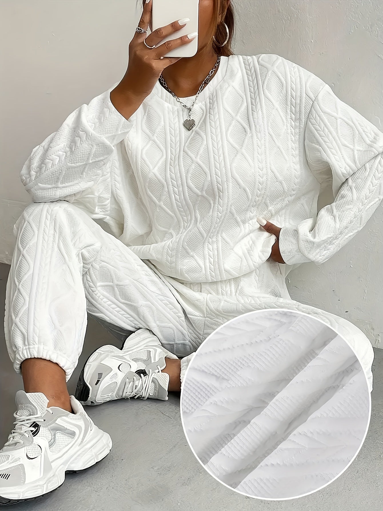Women's Casual 2pcs Pullover Set - Consists Of A Textured Solid Color Jacquard Long-sleeve Crewneck Top And Sweatpants, High-quality Fabric, Women's Suit, Women's Summer Clothing, Sweatsuits Women 2pcs Women Clothing