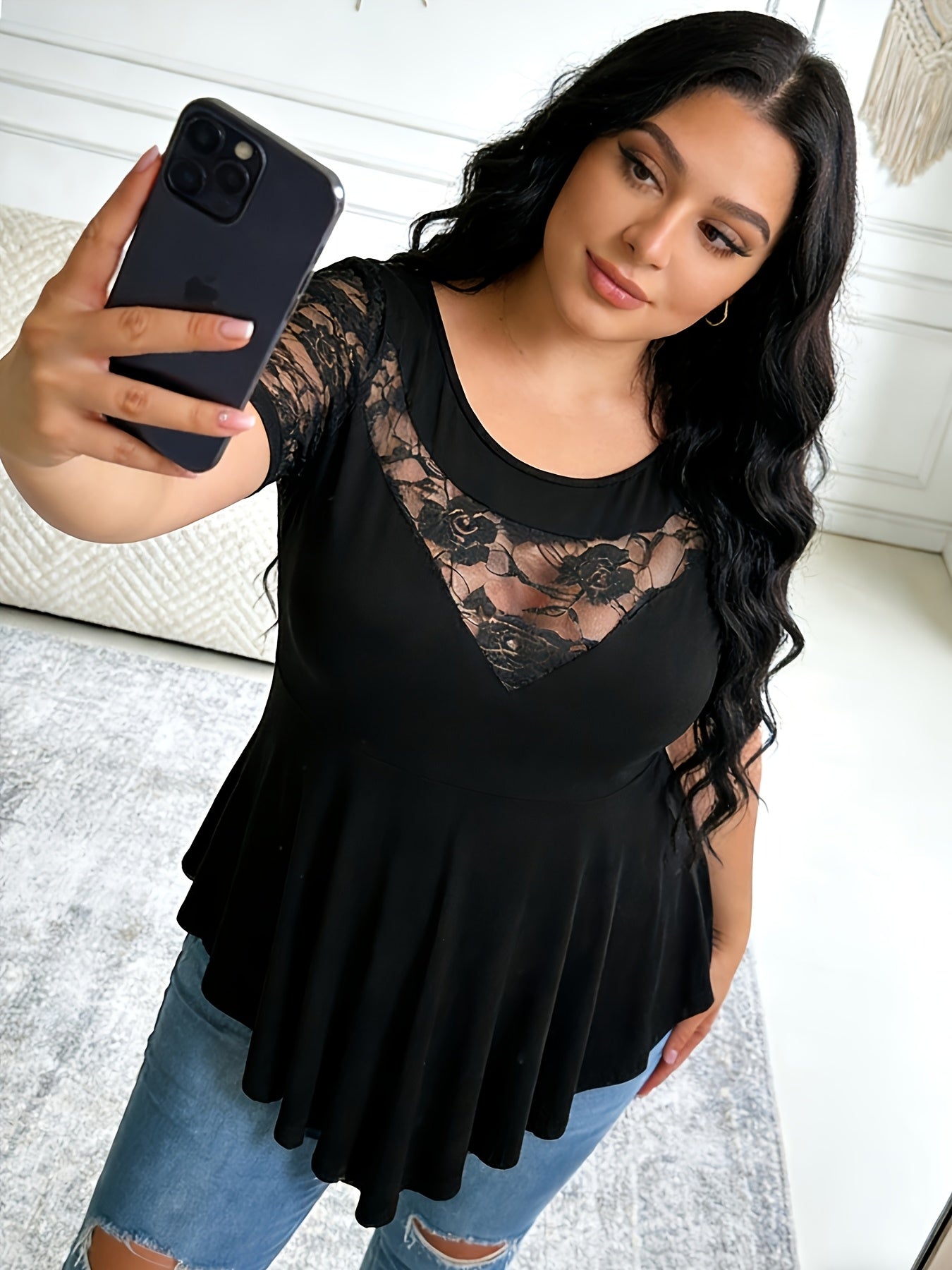 Plus Size - Plus Size - Plus Size Mesh Panel Tunic Shirt, Round Neck Floral Lace Yoke And Sleeves with Loose Fit Asymmetric Hem, Short Sleeve Stylish Black Top for Office Or Going Out, Flowy High-Low Hemline Lace Overlay Tunic Top