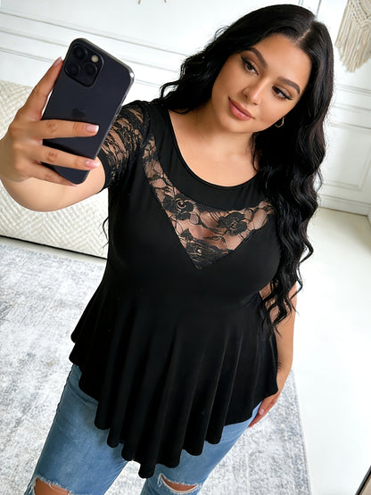 Plus Size - Plus Size - Plus Size Mesh Panel Tunic Shirt, Round Neck Floral Lace Yoke And Sleeves with Loose Fit Asymmetric Hem, Short Sleeve Stylish Black Top for Office Or Going Out, Flowy High-Low Hemline Lace Overlay Tunic Top