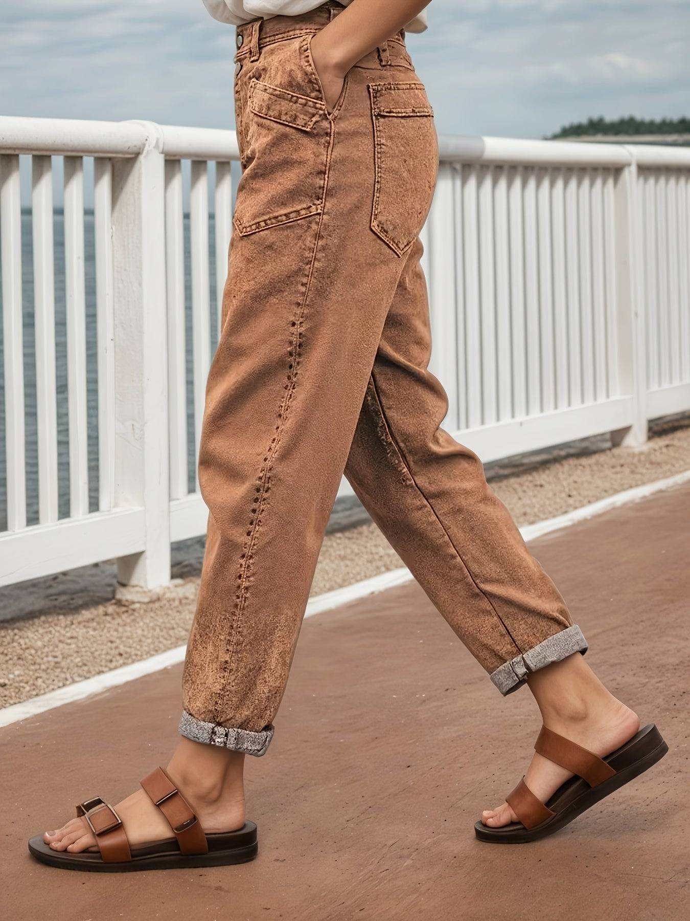 Women's Mid-Rise Distressed Stretch Jeans - Retro Button Placket & Slanted Straight-Leg Loose Fit Pants with Belt Loops, Olive Green/Brown Washed, Machine Washable All-Season Casual Trousers Suitable for Casual Attire & Layering