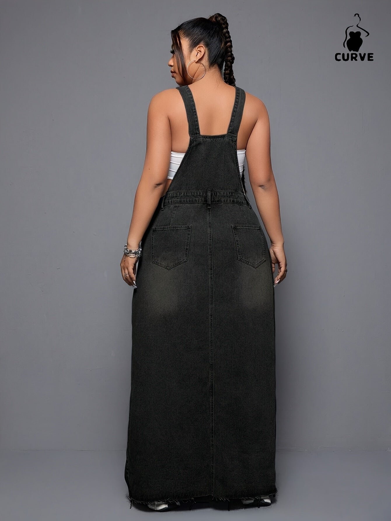Women's Plus - Size Denim Overall Dress, High - Waisted, Washed & Distressed, Raw Hem, Adjustable Straps, Casual Long Jean Dress