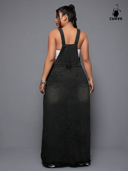 Women's Plus - Size Denim Overall Dress, High - Waisted, Washed & Distressed, Raw Hem, Adjustable Straps, Casual Long Jean Dress