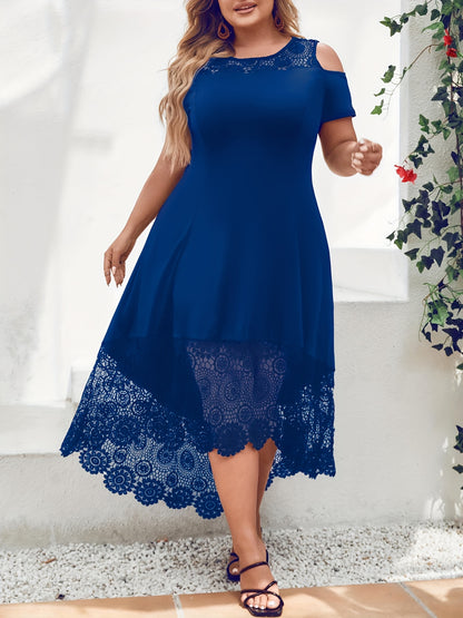 Women'S Plus Size Ruffle Dress for Spring and Summer, Color Block Lace Cold Shoulder Design with Medium Stretch and Asymmetrical Hem