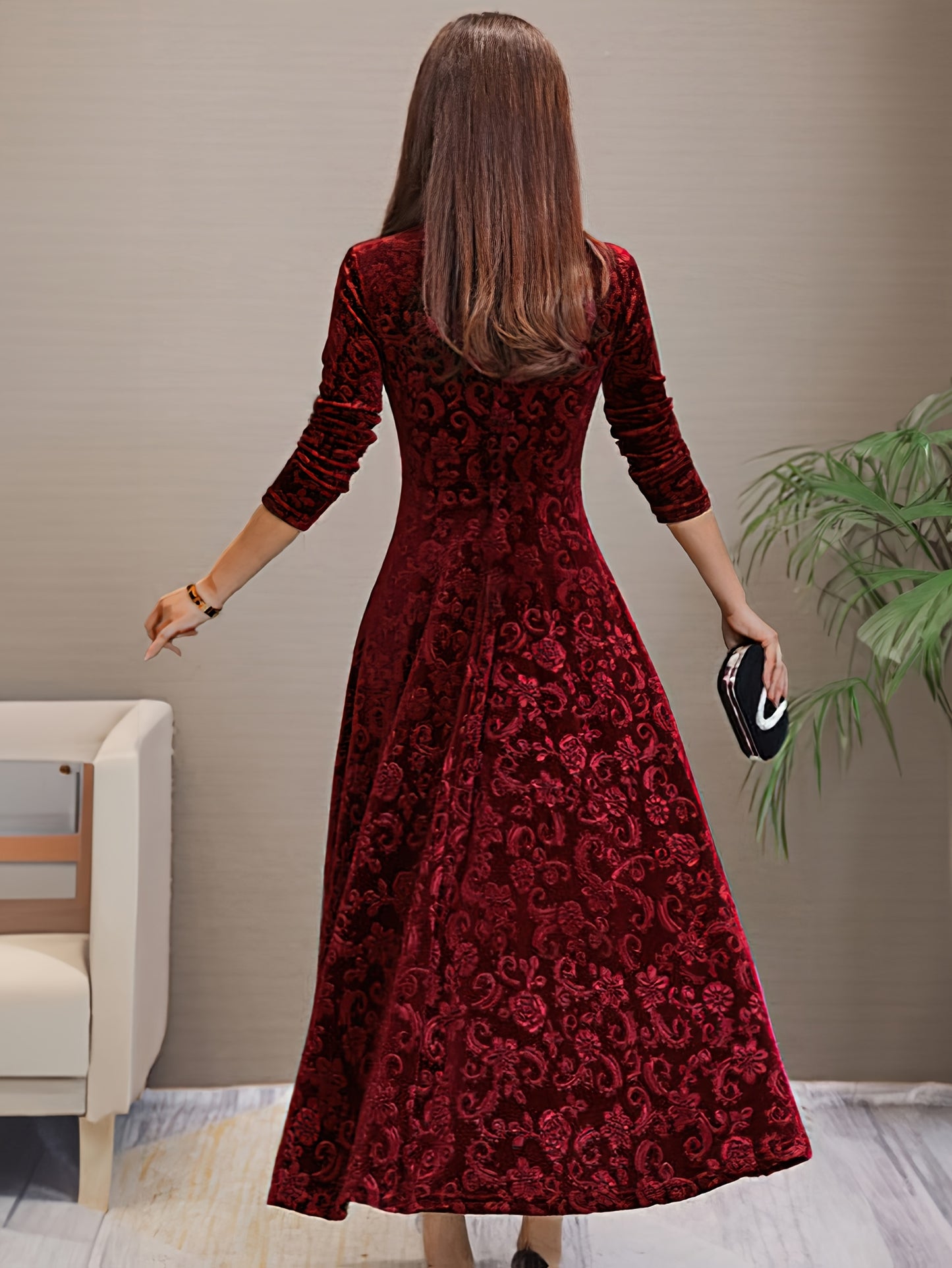 Autumn Women's Velvet Embossed Long Sleeve Dress, Bodycon V-Neck Midi Flared Elegant Evening Party Wedding Guest Gown