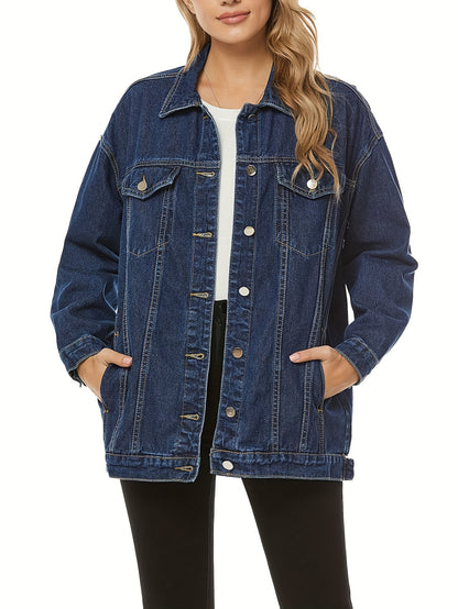 Women'S Oversized Mid-Length Denim Motorcycle Jacket