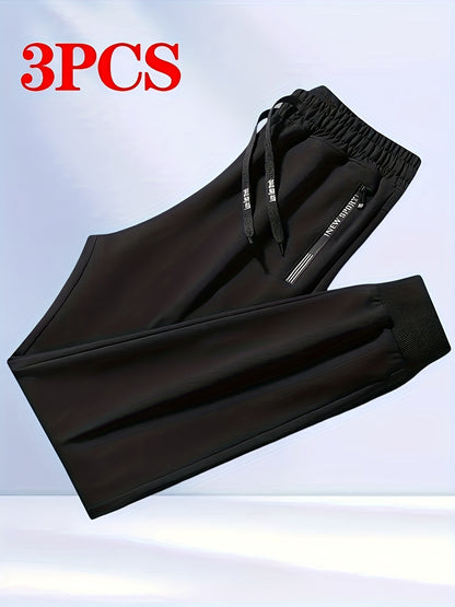 Men's 3pcs Set Solid Color Loose Casual Sport Pants - Letter-printed Zipper Pockets, Elastic Drawstring Waist, All-season Fitness And Daily Jogging Pants, Machine-washable Black/navy Blue/gray - Mens Sweatpants for Summer 3pcs with Pockets