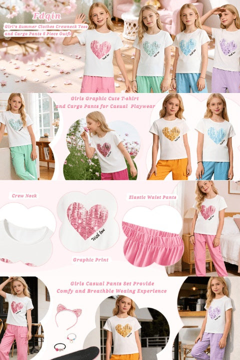 6pcs Girls Casual Love Print Summer Set 8 Years Old Girls Round Neck Short Sleeve Dopamine Work Pants 10 Years Old Children's Explosive Clothing Children's Clothing Summer, Perfect for Outdoor