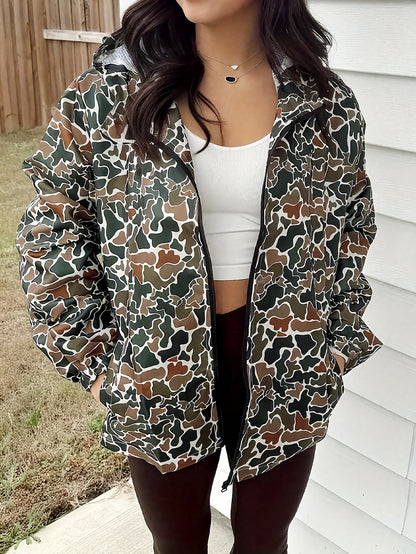 Camo Hooded Jacket Women's, Streetwear Windbreaker, Casual Fall Outerwear, Fashion Hoodie for Daily Wear