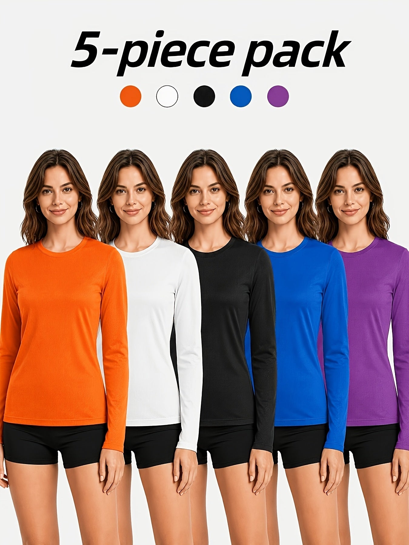 5pcs Women'S Long Sleeve T-Shirts - High Stretch, Moisture-Wicking & Breathable, Five Color Options for, Outdoor - Four Seasons Collection, Shirts, Wear, Solid Color Top, Breathable Fabric