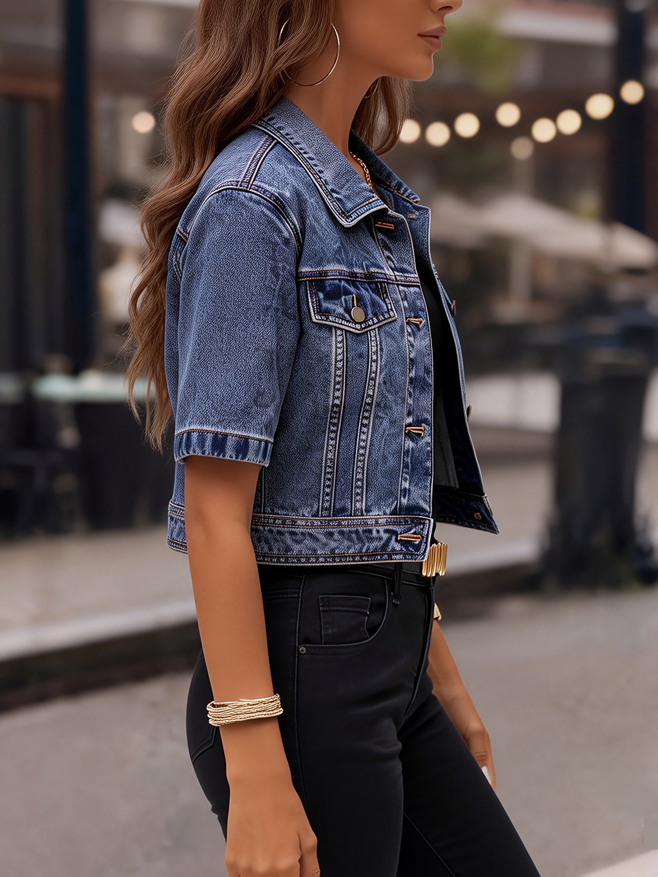Women's Denim Jacket, New 2026 Vintage Washed Lightweight Short Cropped, Dark Blue, Regular-Shoulder Turn-Collar