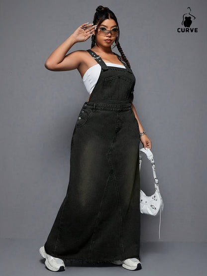 Women's Plus - Size Denim Overall Dress, High - Waisted, Washed & Distressed, Raw Hem, Adjustable Straps, Casual Long Jean Dress