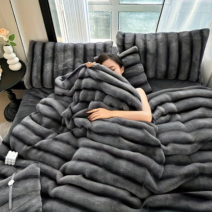 Faux Rabbit Fur Throw Blanket - Striped Double-Sided Flannel Back