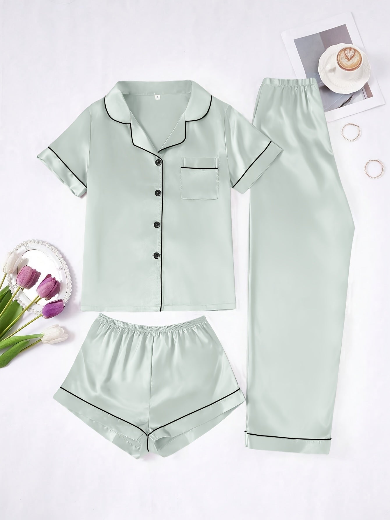 Solid Color Women'S Simple And Comfortable 3pcs Pajama Set, Includes 3pcss: Collared Short-Sleeve Top & Elastic Waist Shorts & Elastic Waist Long Pants Women'S Pajama Set
