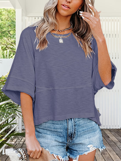Women'S Summer Casual Crewneck Batwing Half Sleeve T-Shirts Solid Color Loose Fit Cute Basic Flowy Tops Tees Blouses