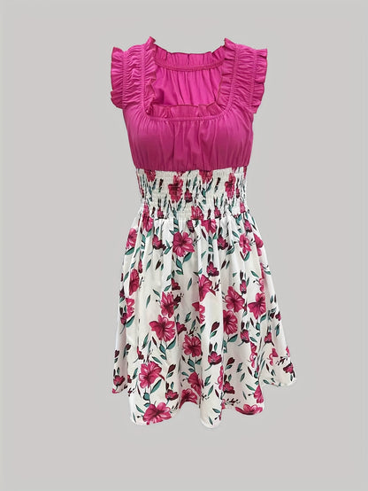 Attractive Honey-Themed Fashion, Charming Floral Mini Dress for Women, Featuring a Round Neckline And No Cuffs, Perfect for Summer Outings, Beach Days, Garden Dates, Anniversary Surprises, And As a Delightful Gift