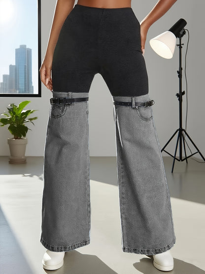 Women'S High Waist Two Tone Patchwork Flare Pants, Black Slim Fit Leggings with Light Wash Denim Bell Bottom Legs And Adjustable Buckle Strap Design for Y2K Streetwear, Perfect for Retro Streetwear Looks