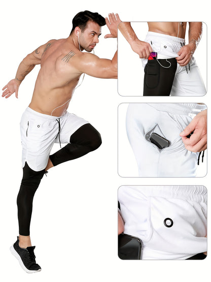 Compression Pants Men 2 in 1 Running Pants Workout Pants for Men Gym Tights with Towel Loop