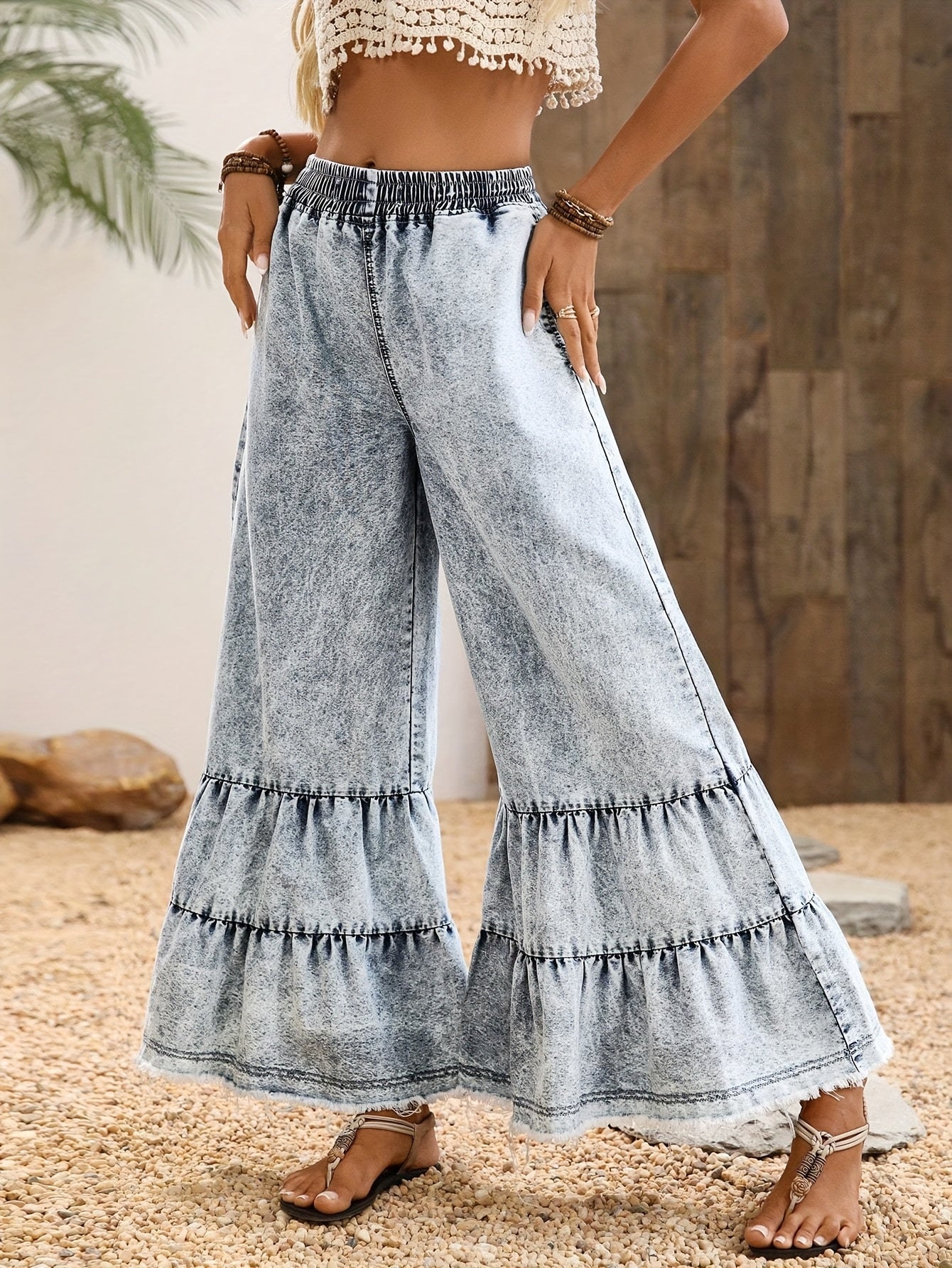 Women'S Large Size Ruffle Hem Denim Wide Leg Raw Edge Pants