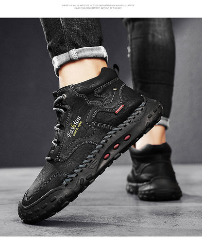 Men's Casual Sneakers, Retro Hand-Stitched Camp Shoes, Slip-Resistant And Durable, Outdoor Enthusiast Hiking Shoes for Urban Commuting, High-Top Shoes