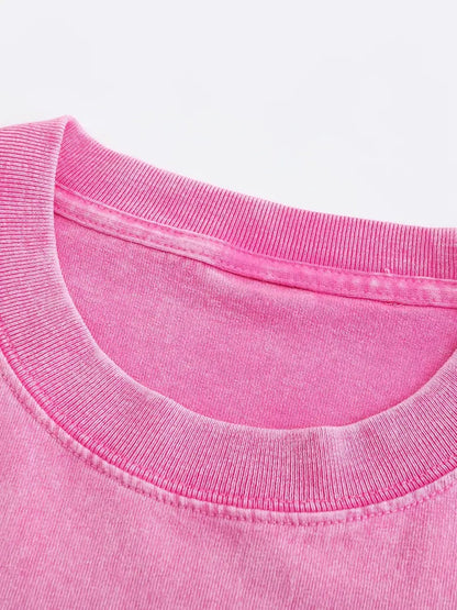 Women's Trendy Printed Retro Washed T-Shirt - 230g Thick, Retro Street Style Crew Neck Short Sleeve, Machine Washable, Perfect for Spring/Summer Casual Wear, Unique Loose Fit Women's T-Shirt