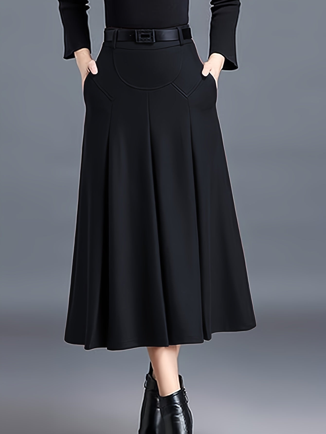 Women'S High-Waisted Winter Skirt - Elegant A-Line Pleated Design, Cold Weather Skirt for Fall And Winter Seasons, Sophisticated Style, Quality Stitching, Office Attire, Classic Design, Durable Material, Professional Women