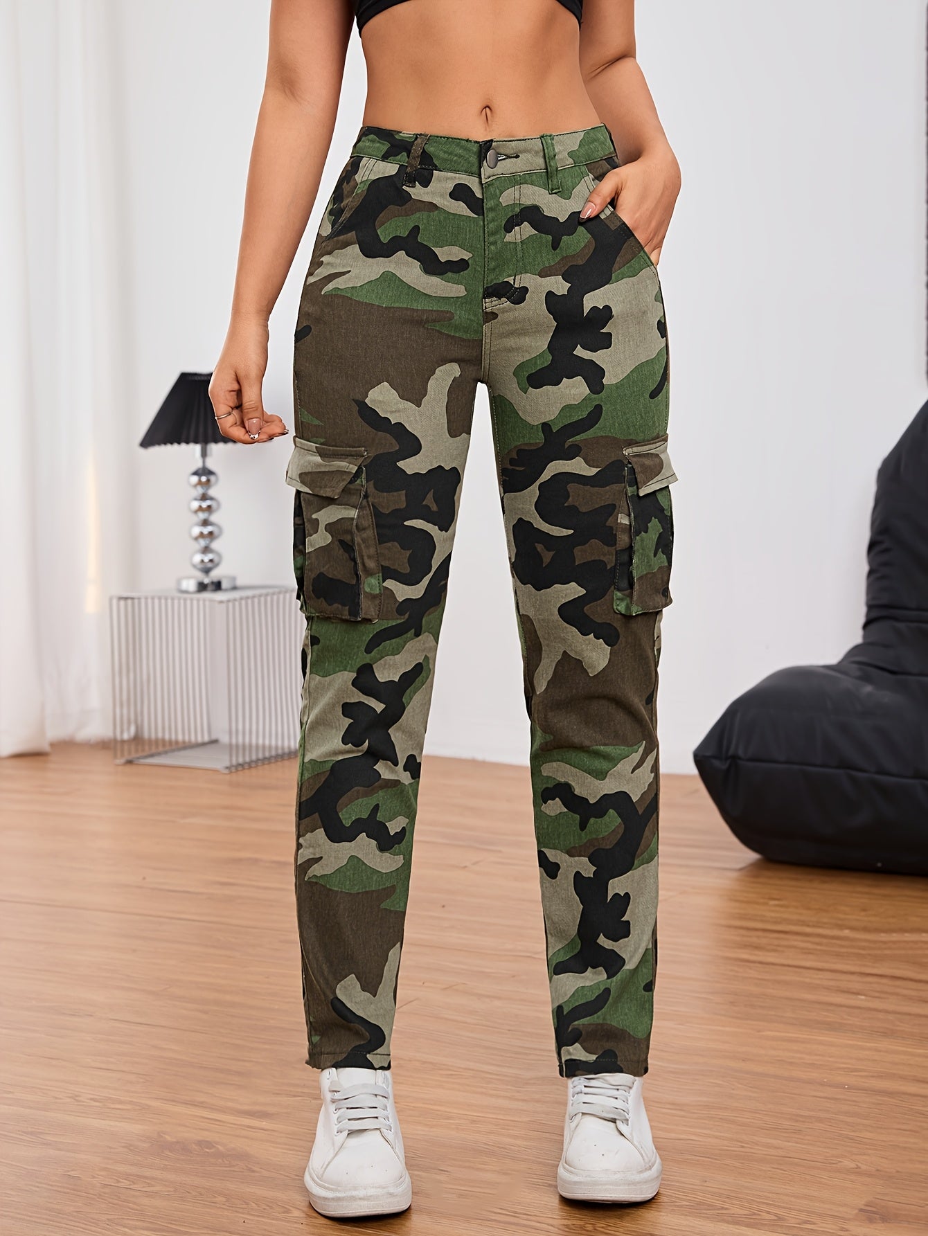 Women'S Camo Cargo Jeans with Pockets - Casual High Stretch Denim Pants, All-Season Comfort, Camouflage Pattern, Fabric