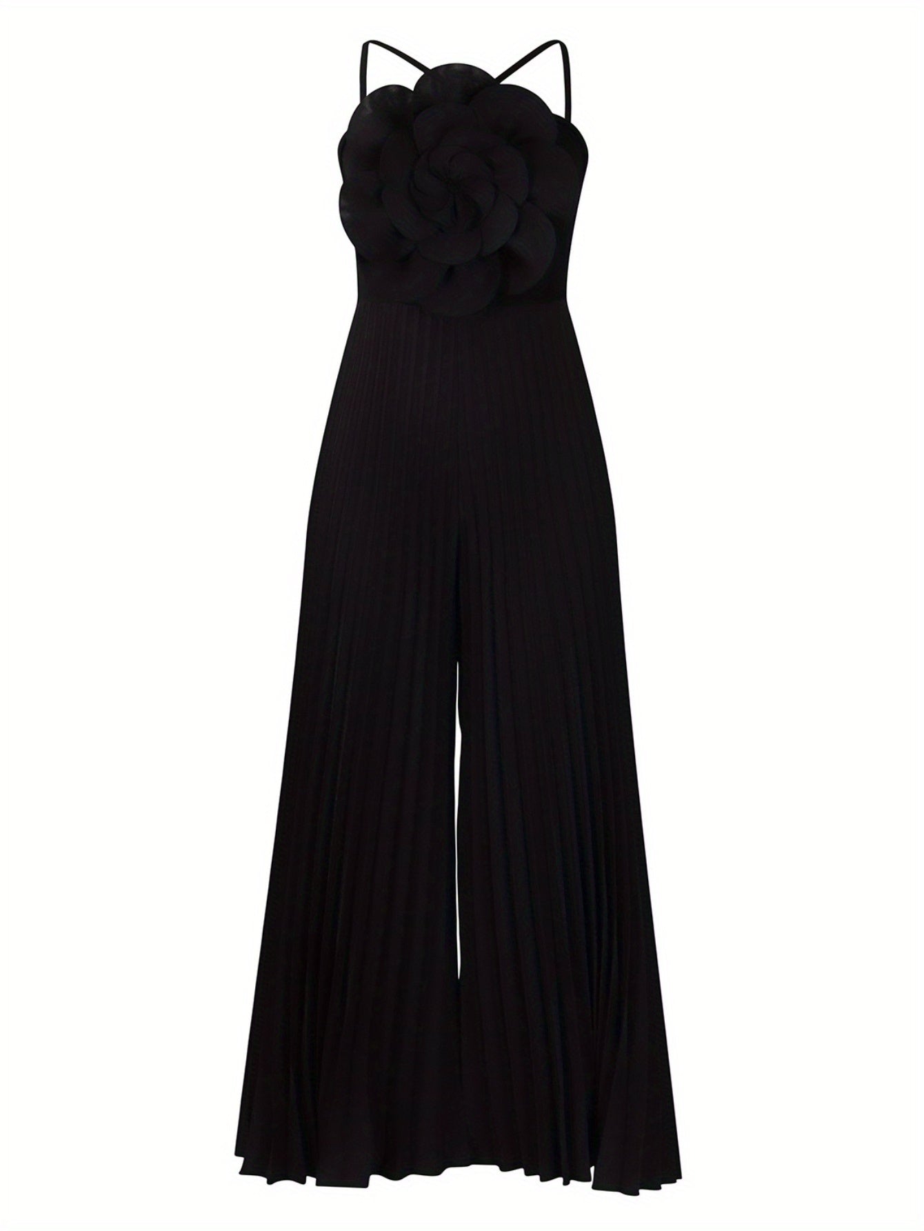 Plus Size - Plus Size - New Women'S European And American Summer Hanging Neck Three-Dimensional Flower Solid Color Wide Leg Plus Size Foreign Trade Jumpsuit