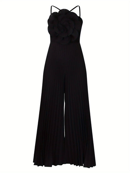 Plus Size - Plus Size - New Women'S European And American Summer Hanging Neck Three-Dimensional Flower Solid Color Wide Leg Plus Size Foreign Trade Jumpsuit