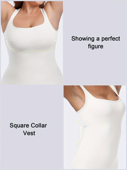 [2pcs Tummy Control Shapewear] 2pcs Durable & Comfortable Tummy Control Shapewear Compression Tank Tops For Women | Seamless Square Neck Body Shaper Camisole, Breathable, Suitable For Daily Casual Wear, Shopping, Parties, Dates & Festivals